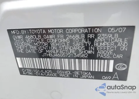 2007 Lexus Es from USA, damaged, VIN JTHBJ46G572134582